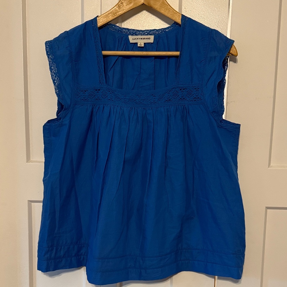 Lucky Brand Women's Blue Lace Trim Blouse